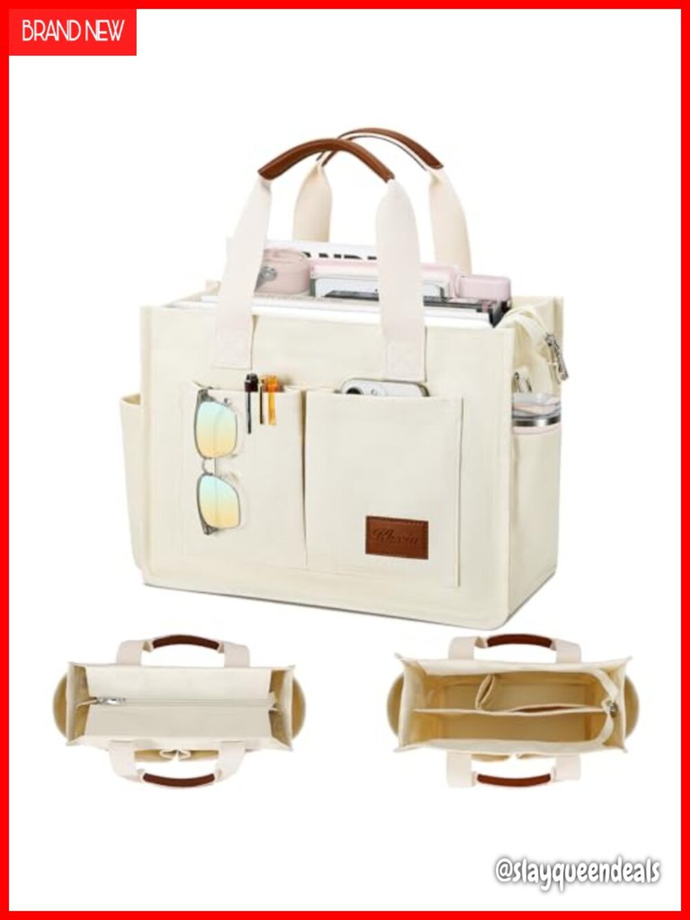 KKXIU Large Canvas Tote Bag with Zipper Compartments Crossbody Work Messenger